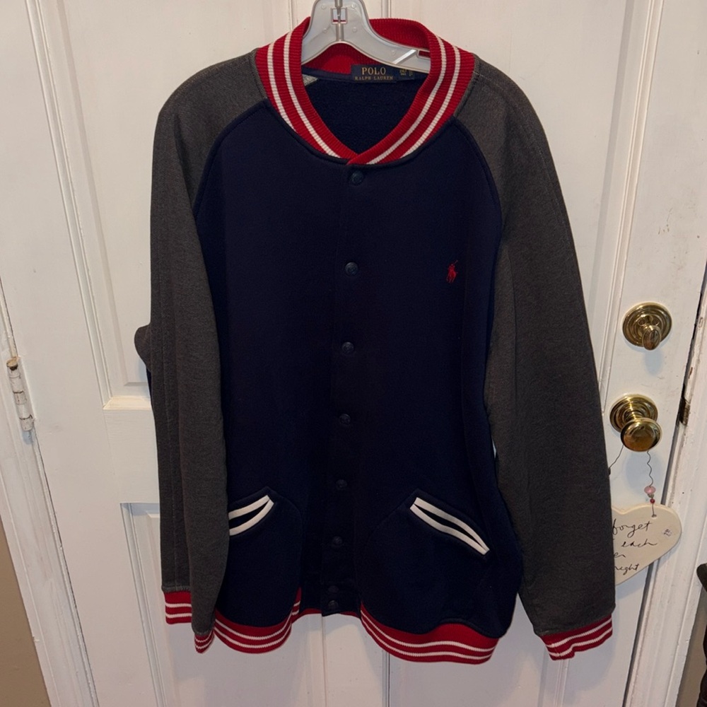 Vintage Navy Blue Ralph Lauren Baseball Jacket-Red/White Accents. Size 2XL Tall